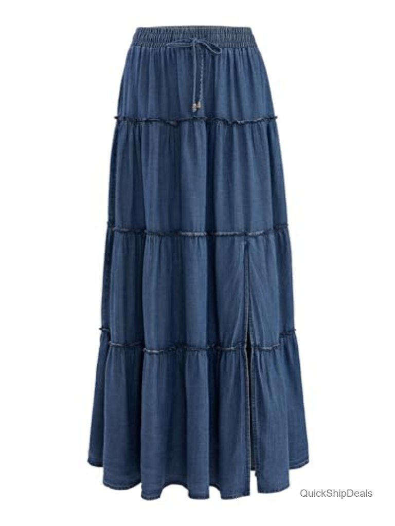 Women's Denim Tiered Maxi Skirt High Waisted Flowy Ruffle Long Skirt